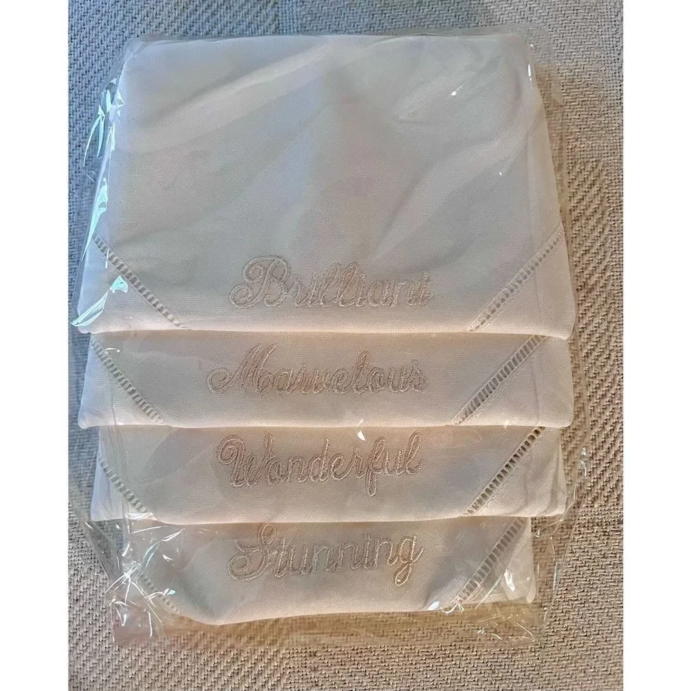 Set of 4 Linen Hemstitched Embroidered Hand Towels/Napkins
